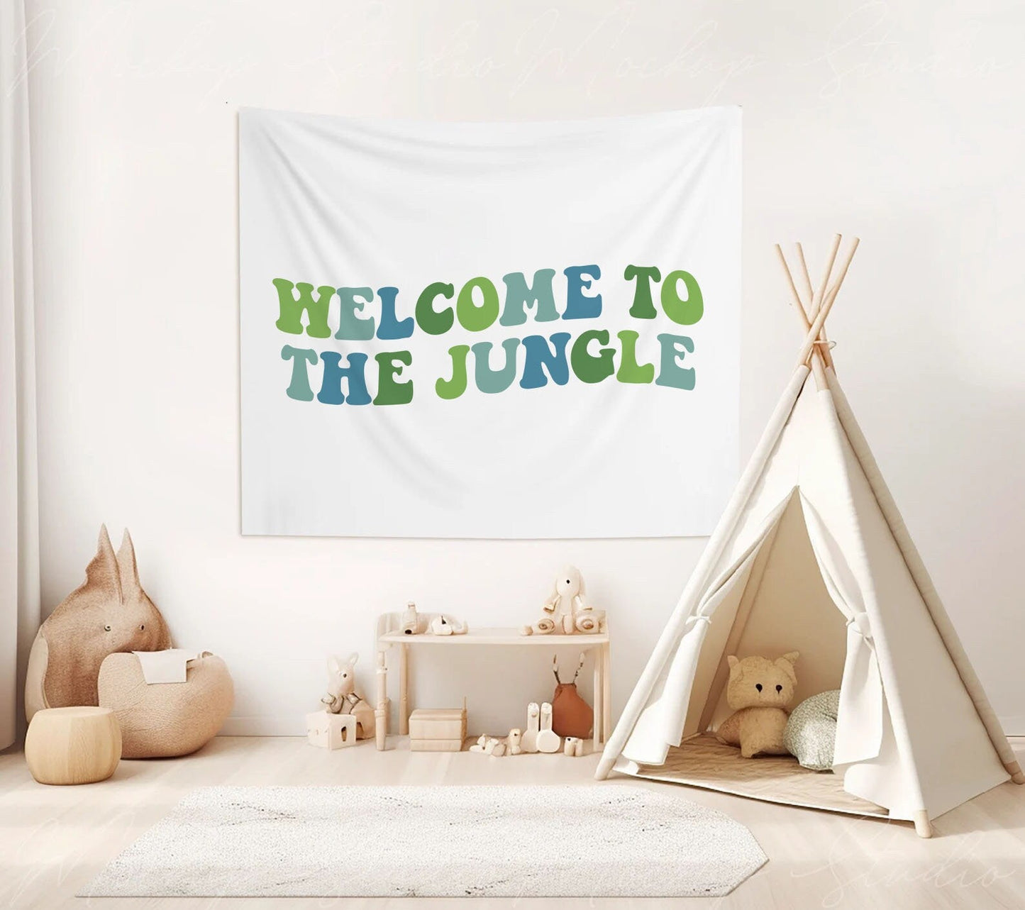 Welcome to the Jungle Playroom Wall Decor Playroom Banner Boho Nursery Boys Blue Sign Retro Playroom Flag Green Kids Room Decor Boys Art